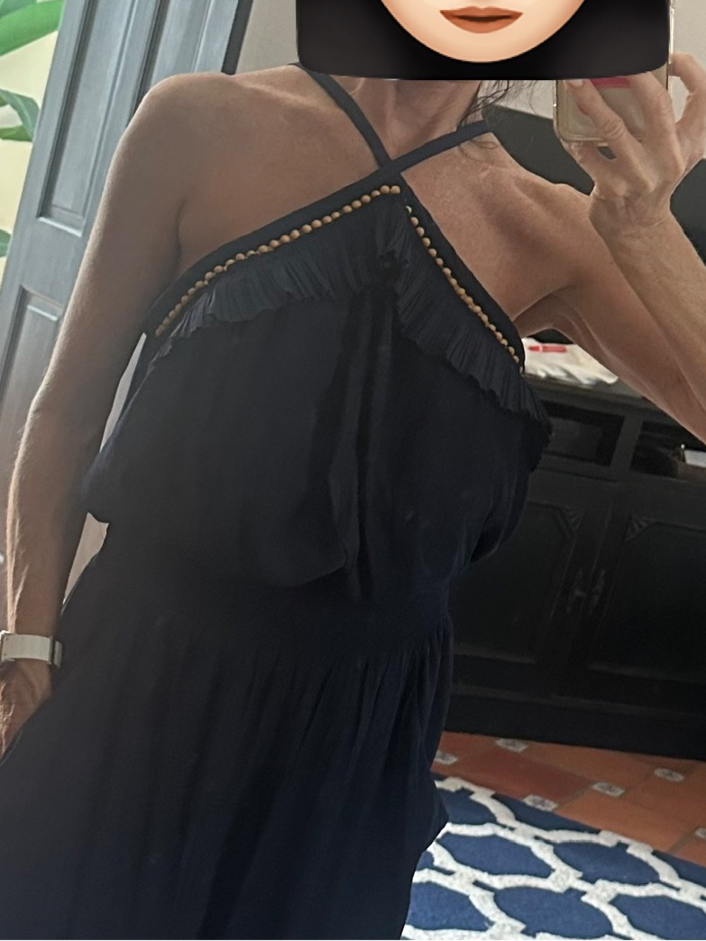 Ramy Brook navy Halter top with Bead Trim and ruffle